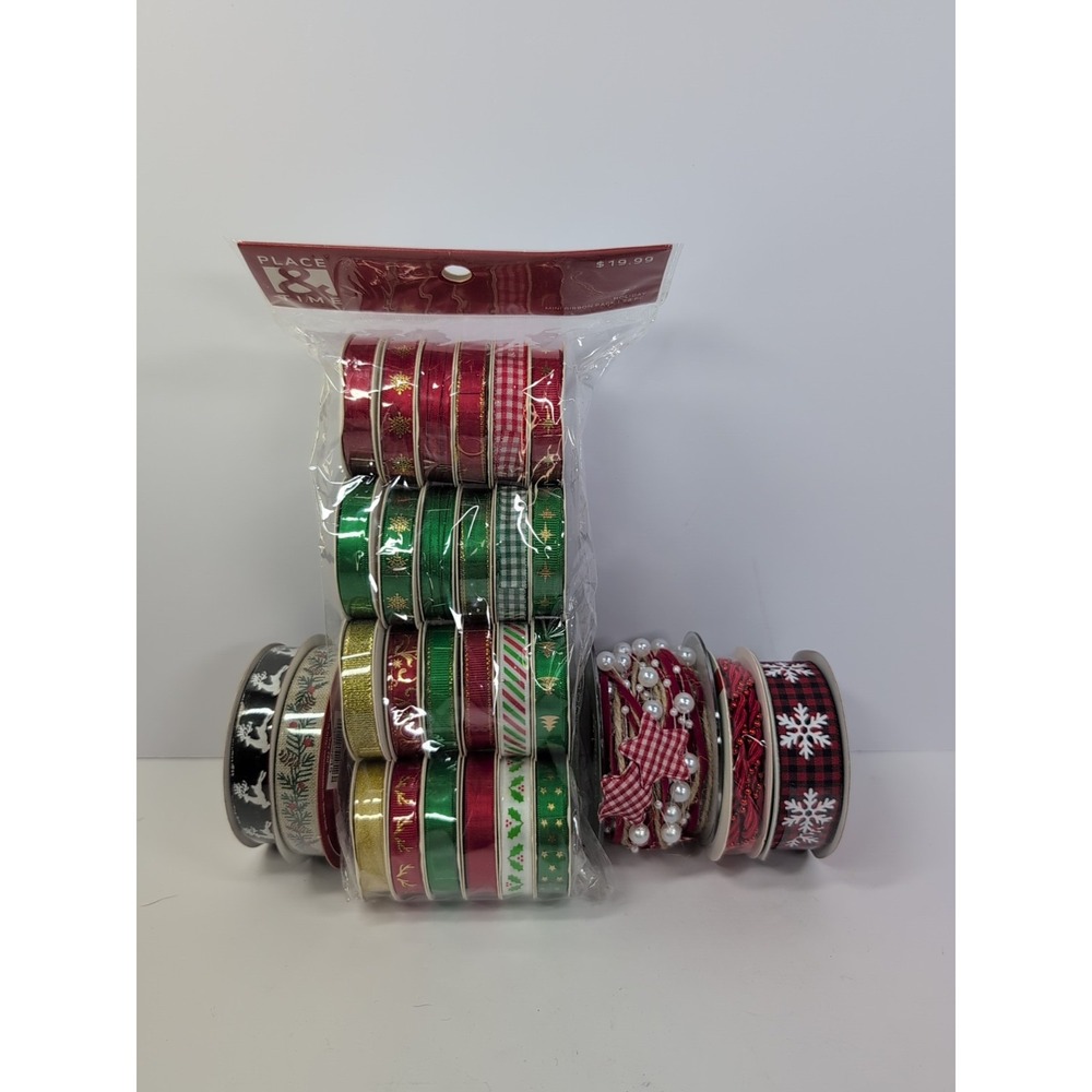 29 Spools Christmas Ribbon Lot Red Green White Reindeer Snowflake‎ Cord Satin